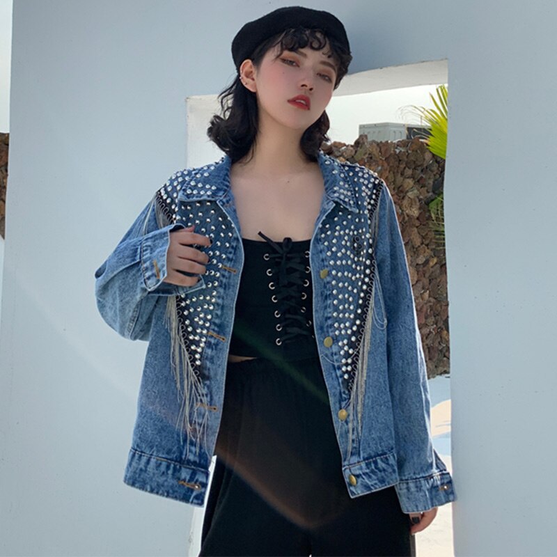 Femmes Denim Jakcet Rivet gland Jean vestes col rabattu simple boutonnage femme manteaux dames Streetwear tendance hauts: Bleu / S