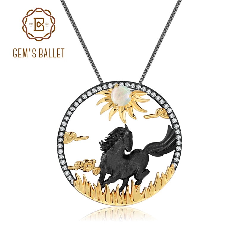 GEM'S BALLET – collier avec pendentif cheval galop pour femme, bijoux en argent Sterling 925, 12 signes du zodiaque chinois, opale africaine naturelle
