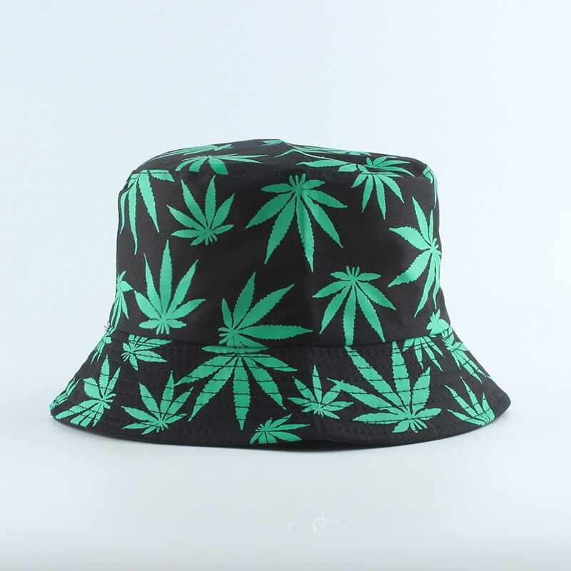 Hip hop grøn hvid sort blad print fiskeri hat panama spand hatte til mænd kvinder sommer bob vendbar spand cap: Sort med grøn