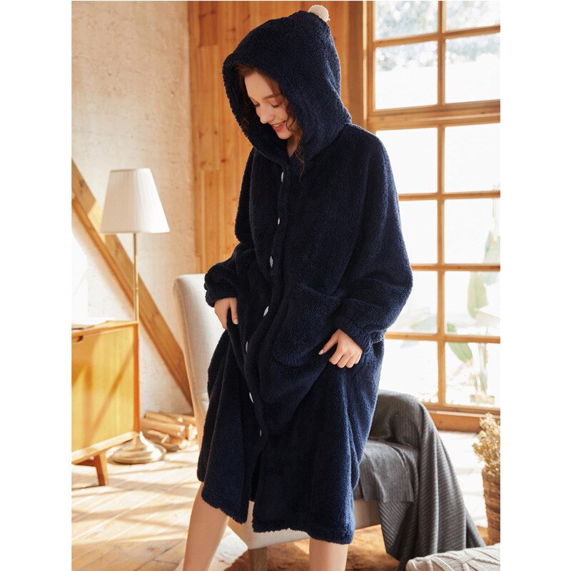 Women Pajamas Solid Color Plush Fleece Dual Pocket Button Up Hooded Robe Long Sleeve One-Piece Winter Nightwear Sleepwear