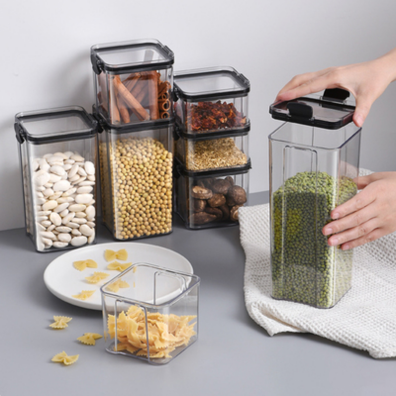 Recipientes de cozinha para armazenamento de alimentos, caixa de plástico, frascos para cereais em massa, organizadores de cozinha para despensa, organizador de frascos com tampa, conjunto doméstico