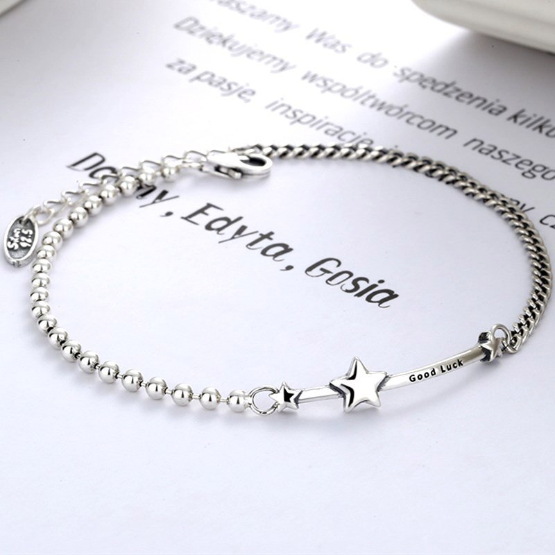 Foxanry 925 argent Sterling étoiles chanceux Bracelets pour femme Vintage pentagramme anglais lettre pendentif fête bijoux