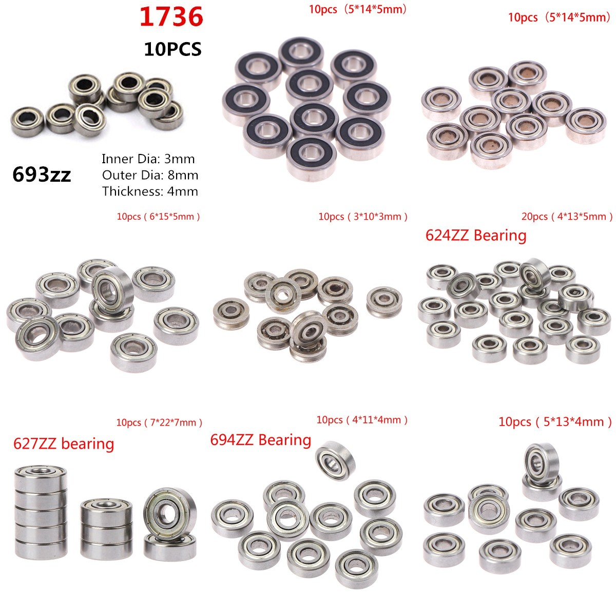 Rodamientos de bolas en miniatura, rodamientos pequeños de doble blindado, 693ZZ, 605RS, 698ZZ, 624ZZ, 694ZZ, 695ZZ, 696ZZ, 10 Uds.