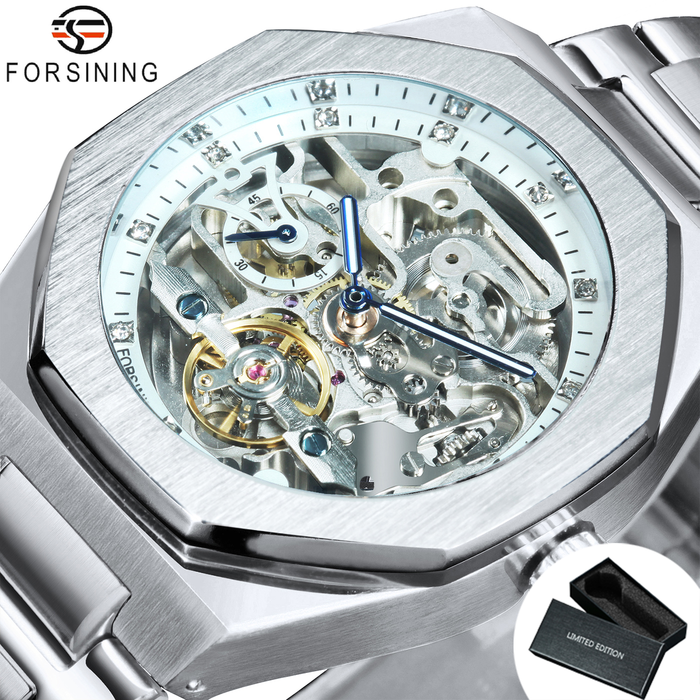 Forsining Lässige automatische mechanische Uhr für Herren, leuchtende Zeiger, Edelstahlarmband, modische Luxus-Skelett-Herrenuhren: Kakifarbig