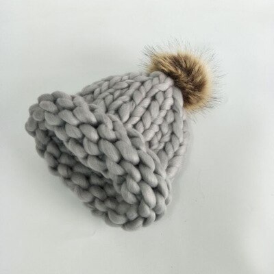 Kvinders vinter pompon uld hat grove linjer udendørs varm hat beanie strikket hat flerfarvet valgfri: Grå 1