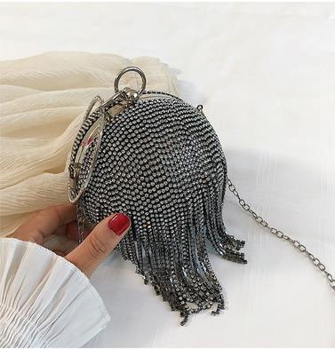 Luxury Round Tassel Diamonds Pu Leather Women Party Handbag Evening Bag Chain Purse Totes Bag Female Shoulder Bag: Black
