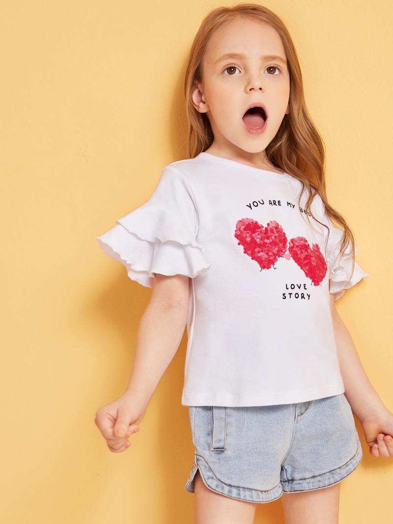 Baby Mädchen Oansatz Weiß Gekräuselt Worden Kurzarm Feuchtigkeit Wicking Herz Cartoon Drucken Lose Freizeit Prinzessin T-shirt