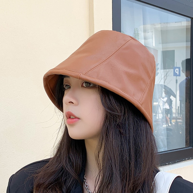 Pu læder spand hat efterår koreansk harajuku afslappet fisker cap kvinder solid håndvask hat panama femme retro kunst hat