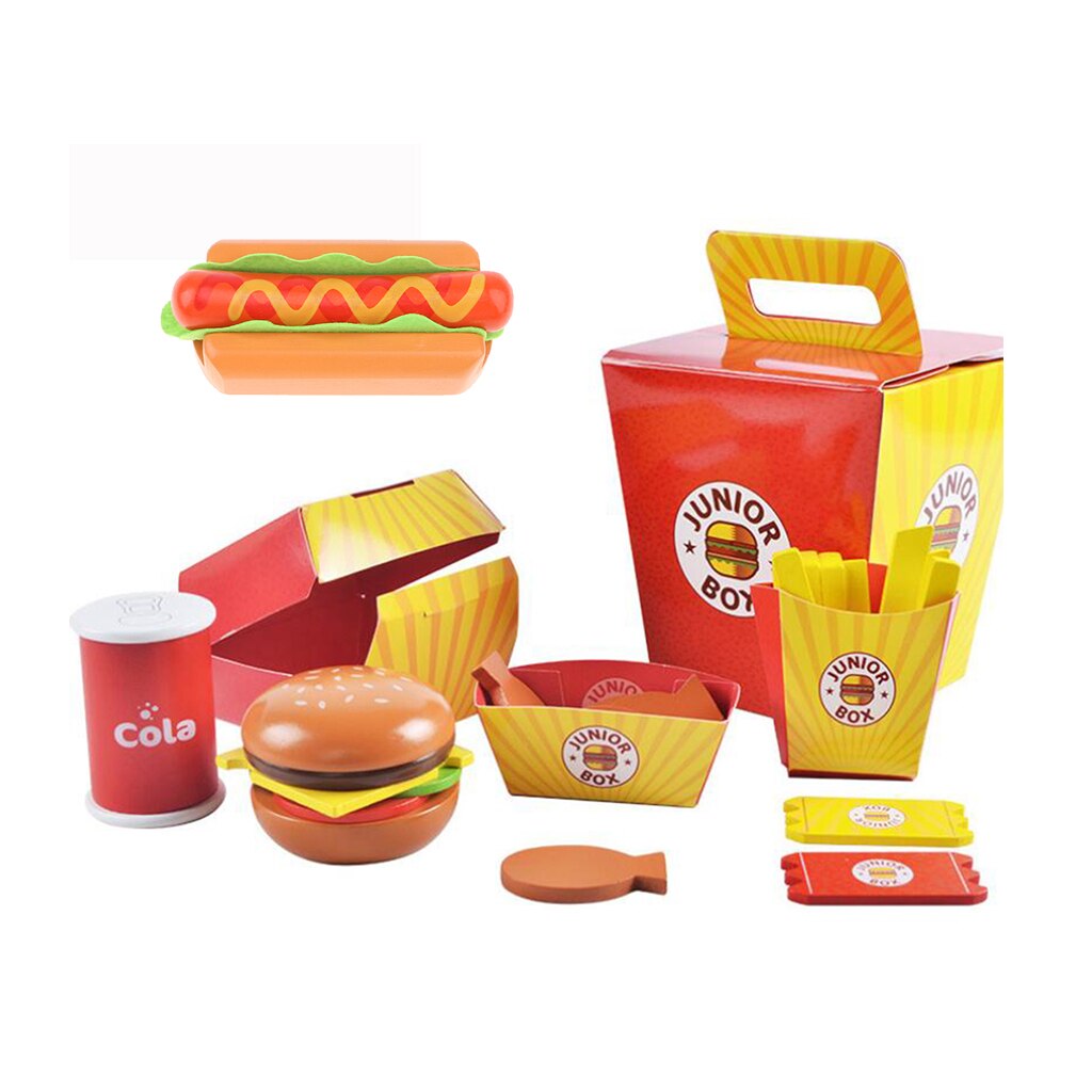 Di legno di veloce cibo caldo cane Panino hamburger Cena impostato per Bambini di Età Prescolare Giocattolo