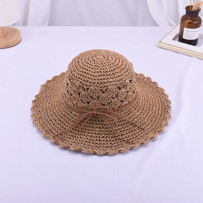 Ymsaid, sombrero redondo de verano para mujer, sombreros de paja de ala ancha tejidos a mano, gorras de Sol de para mujer, sombrero plegable de playa bohemio: Khaki