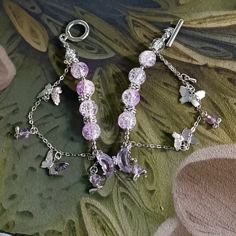 Pulsera de cuentas con colgante de mariposa y flores de cristal rosa coreano para mujer, pulseras de cadena de cuentas dulces, de joyería para novia: Estampado en caliente