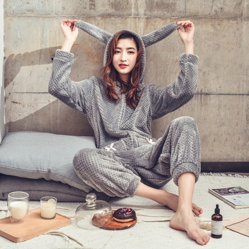 Rabbit Ears Adorable Pink Young Girl Pajama Onesie Women Winter Hooded Solid Animal Pajamas Plus Size Flannel Bunny Sleepwear: gray / L