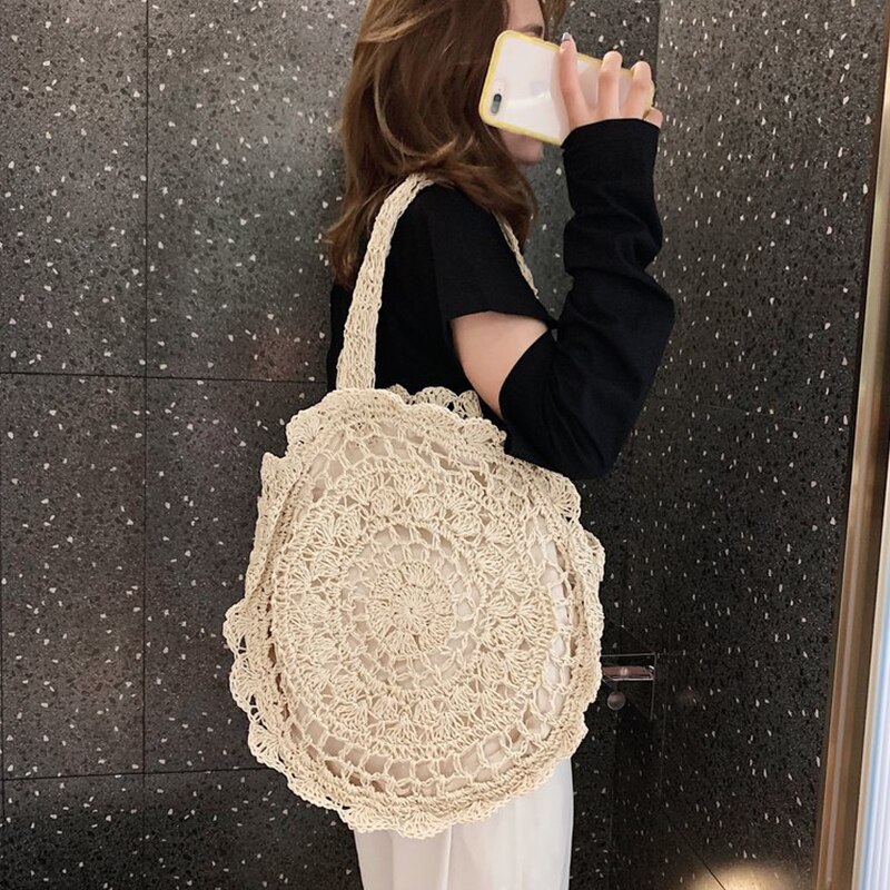 Sac à main en rotin tissé à la main pour femmes, sac en paille fait-main ajouré en forme de cercle, grande capacité, été, voyage, plage, décontracté