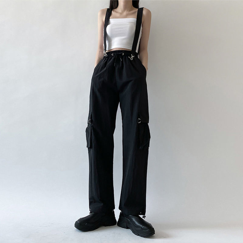 Qweek goth cargo bukser kvinder punk plus size bukser harajuku bukser med høj talje overdimensioneret aftagelig rem løs afslappede bukser emo