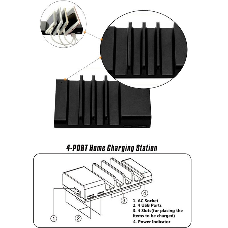 Estación de carga rápida para tableta, soporte de Cable Usb de 4 puertos para iPad 2, 3, 4, Air 2, iPhone X, 6, 7, 8