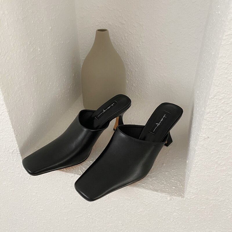 Mules à bout carré pour femmes, chaussures à talons, couleurs unies, hautes (5cm-8cm), collection chaussons pour femmes: Black / 38
