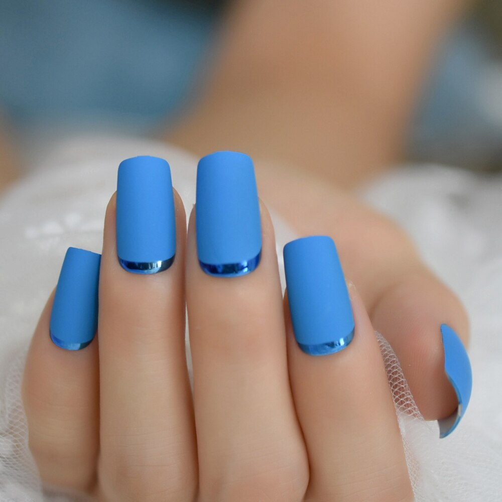 Medium Square Nail Art Tips Matte Plastic Artificial Fingernails Blue Simple Unique False Nails For Nail Art