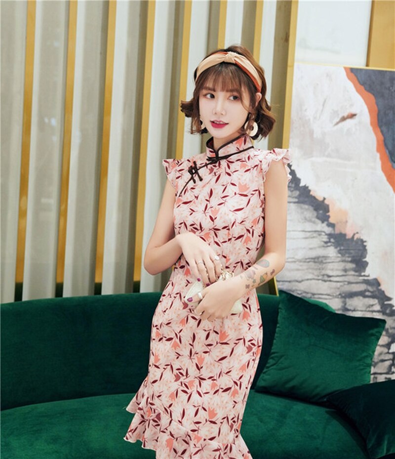 Linda chica cheongsam de gasa corto de cola de pescado de cheongsam falda chica joven slim estilo chino de diario boda Qipao