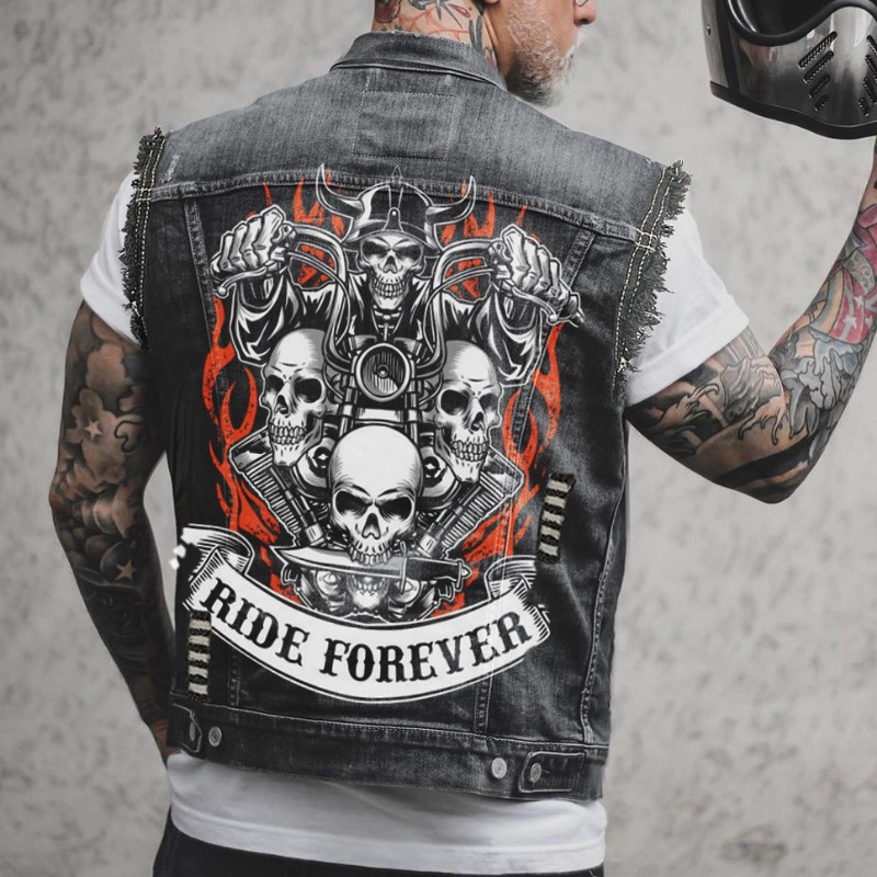 2024 nouvelle veste en jean pour hommes rétro moto veste en jean sans manches haute rue beau gilet de moto vêtements pour hommes: XL / Beige