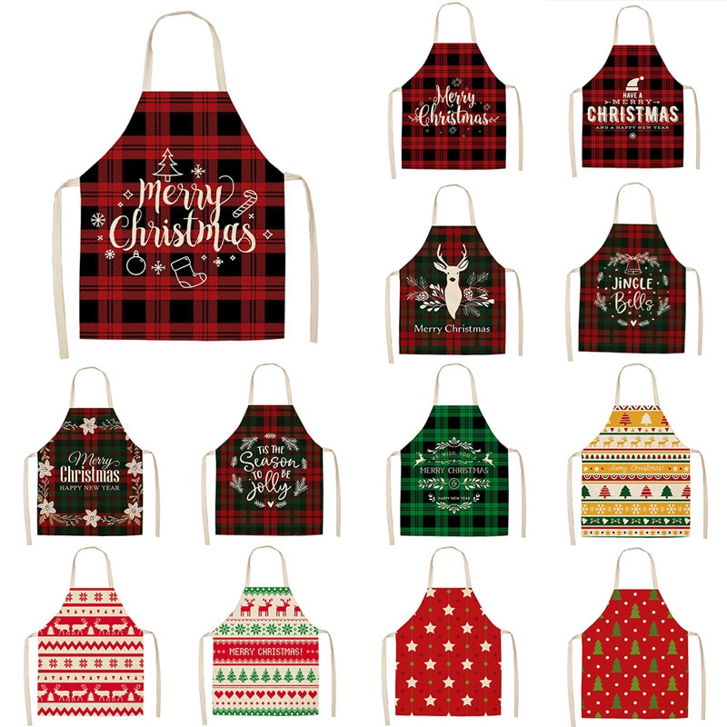 Tablier de noël joyeux noël treillis imprimé sans manches coton lin tabliers pour hommes femmes outils de nettoyage à domicile