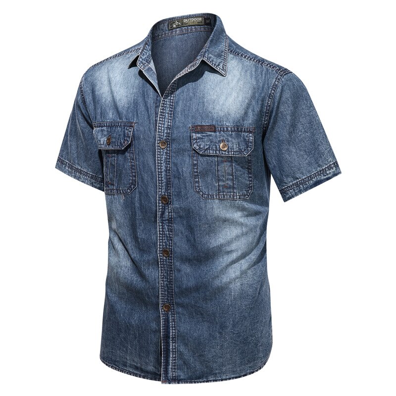 Negizber Korte Mouwen Denim Shirts Mannen Effen Kleur Katoen Casual Denim Shirt Voor Mannen Zomer Mannen 'S Shirts: MBlue / M