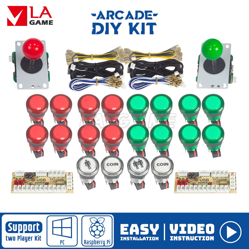 Kit Arcade 2 Speler Nul Vertraging Mando Arcade Usb Encoder Om Pc Rasberry Pi 33Mm Led Drukknop Joystick usb Arcade Kast: Red and green