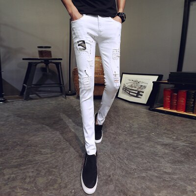Merke herre bukser herre klær koreansk slim fit casual hull bukse mann skinny komfortable bukser herre bunn svart/hvit: 30 / Hvit