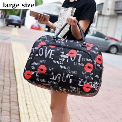 Women Travel Bags PU Leather Large Capacity Waterproof Print Luggage Duffle Bag Men Casual Travelling Weekend Bags: Red mouth L