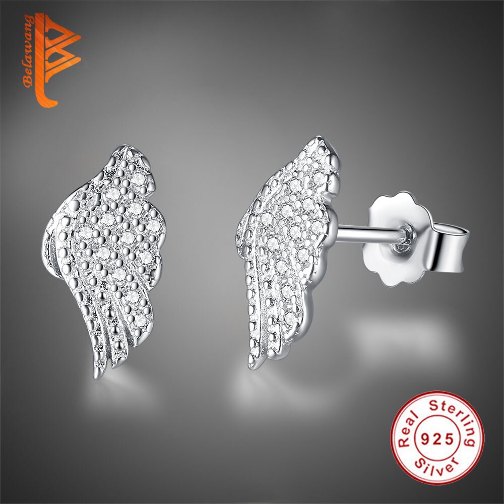 BELAWANG Mode Zirconia Stud Oorbellen Voor Vrouwen Veer Vleugels 925 Sterling Zilveren Oorbellen Wedding Party Sieraden