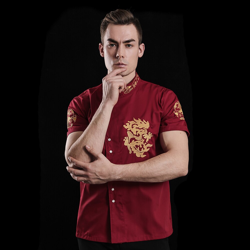 Unisex ademend korte mouwen chef-kok uniform drakentotem koksjas bakkerij chef-kok werkuniform: Rood kokspak / Xxxl