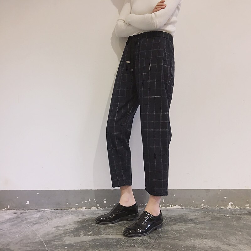 Kvinder bukselommer plaid kvinder løs afslappet kvindelige højtaljede bukser kvinder koreansk stil retro chic studerende piger: Marine blå / Xl