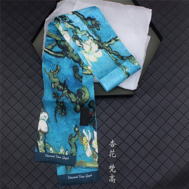 Van Gogh《Starry Night》Oil Painting Twill Silk Scarf Women Neckerchief Skinny Bag Scarf Female Headband Scarves Wraps For Ladies