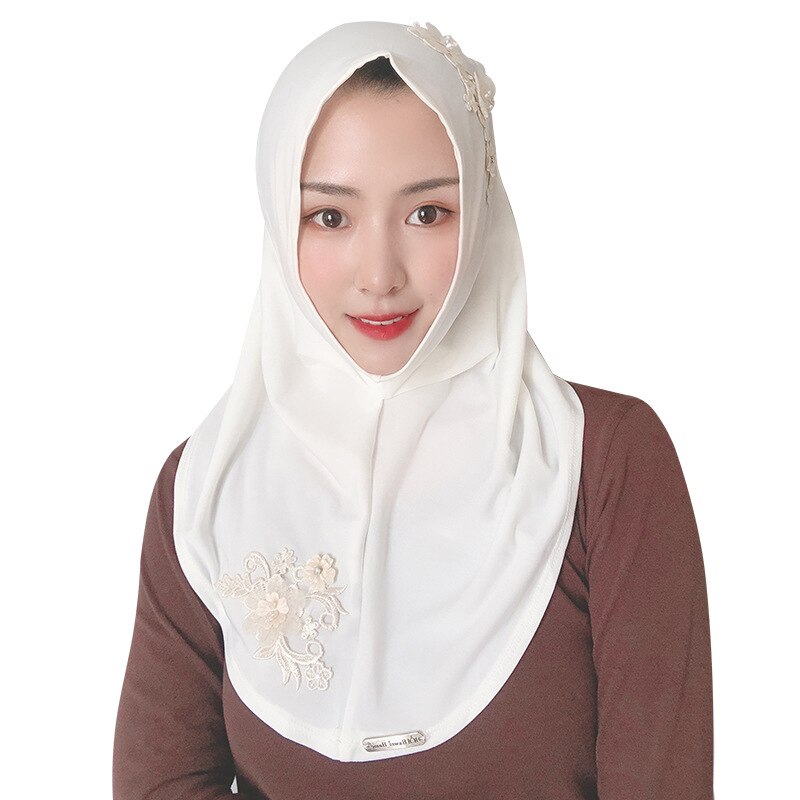 Muslim Headscarf Floral Lace Embroidery, Women's Summer Veil,spandex Elastic Instant Hijab Wrap: white yellow