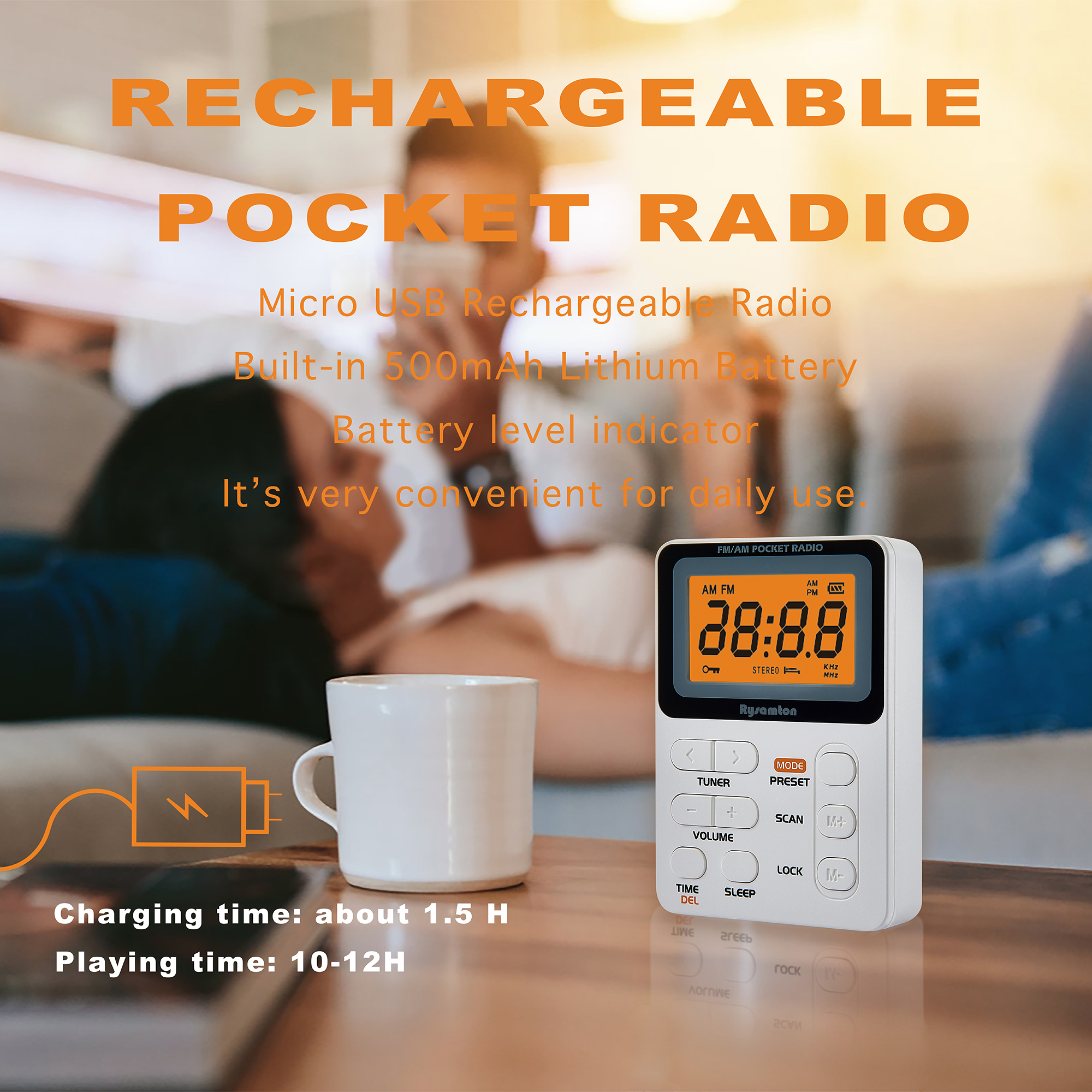 Rysamton-Radio portátil AM/FM, dispositivo de bolsillo con batería recargable, mejor recepción, pantallas digitales grandes, auriculares incluidos