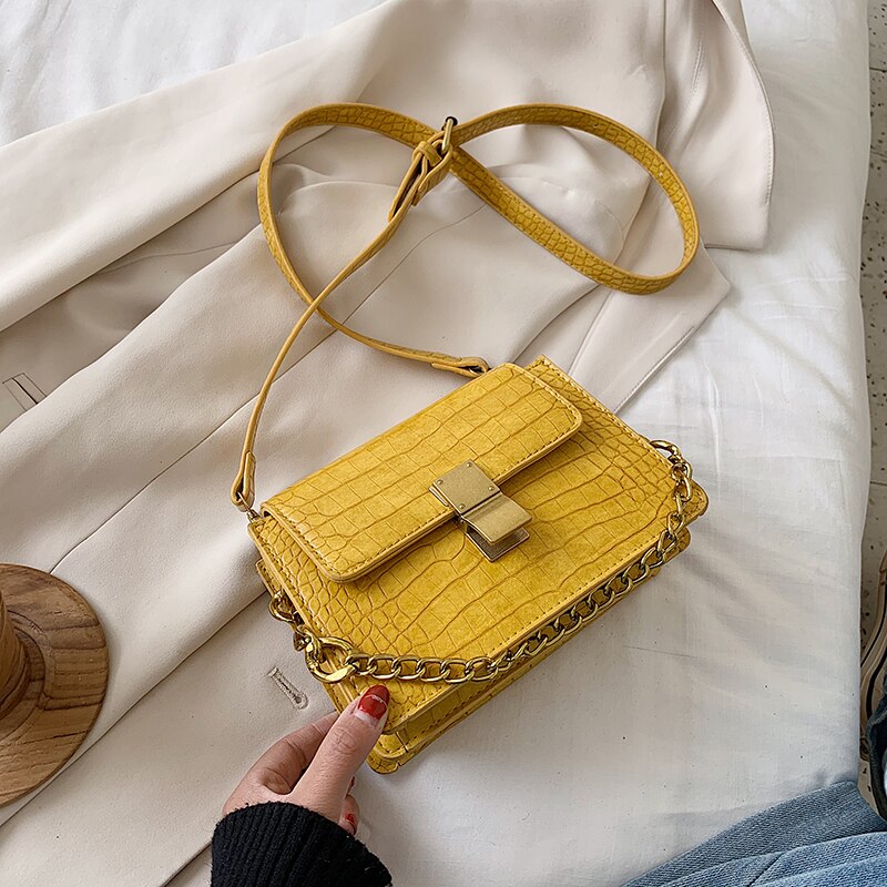 Krokodilmönster ladeis väskor pu läder crossbody väskor för kvinnor sommar kedja små axel handväskor kvinnliga väskor: Gul