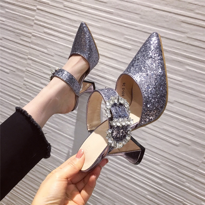 Zomer dames bling kristallen slippers muiltjes hoge hakken slippers suède gesloten teen hoge hakken slippers glinsterende nette schoenen