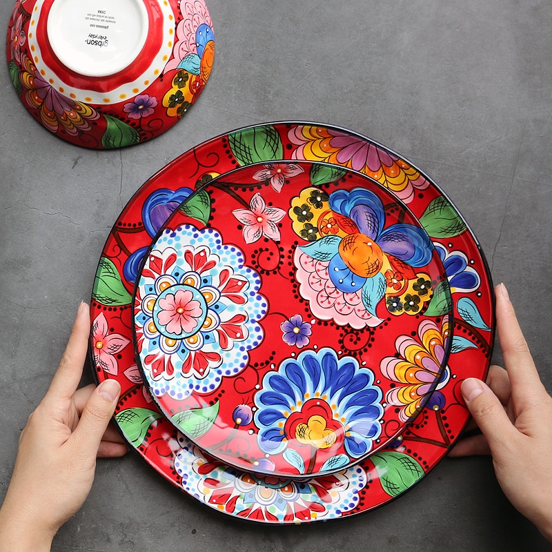 Vaisselle de table en céramique chinoise | Cuisine individuelle, peinte à la main, mariage rouge traditionnel chinois assiette de légumes ménagère bol ouest