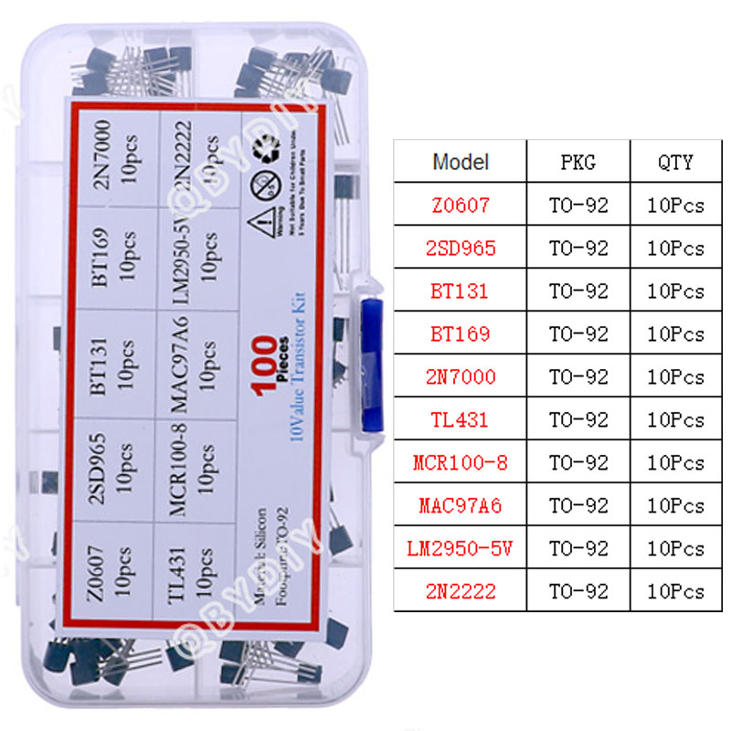 TO-92 TO-92L TO-126 TO-220 Serie Mosfet Triodo Tiristor PNP NPN Transistor Surtido Kit Caja: Negro