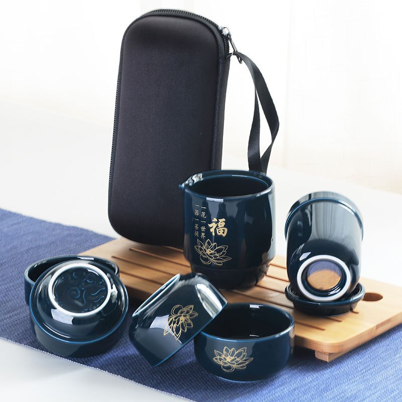 Alta guality porcelana chinesa conjunto de chá portátil copos de chá para viagens com saco portátil viagem conjunto de chá garrafa cerâmica para ao ar livre: Azul profundo