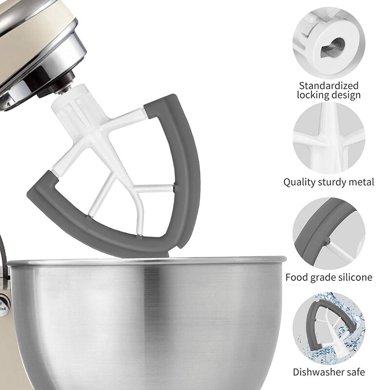 2 Pack Batteur plat À Bord Flexible pour Kitchenaid Mélangeur 5/4.5 Pintes à Tête Inclinable Fixation du Batteur Sur Socle avec Silicone Bol Grattoir