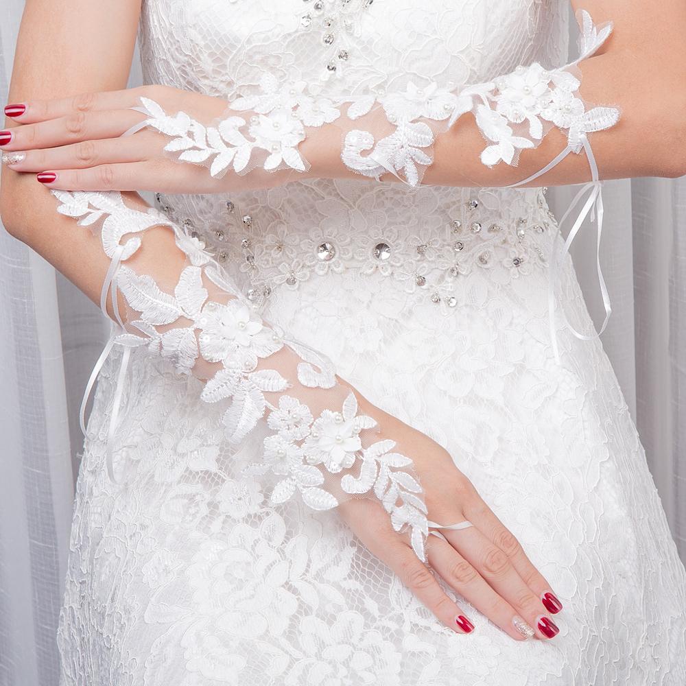 JaneVini White Long Wedding Gloves Fingerless Lace Appliques Pearls Opera Length Gloves Bridal Wedding Accessories