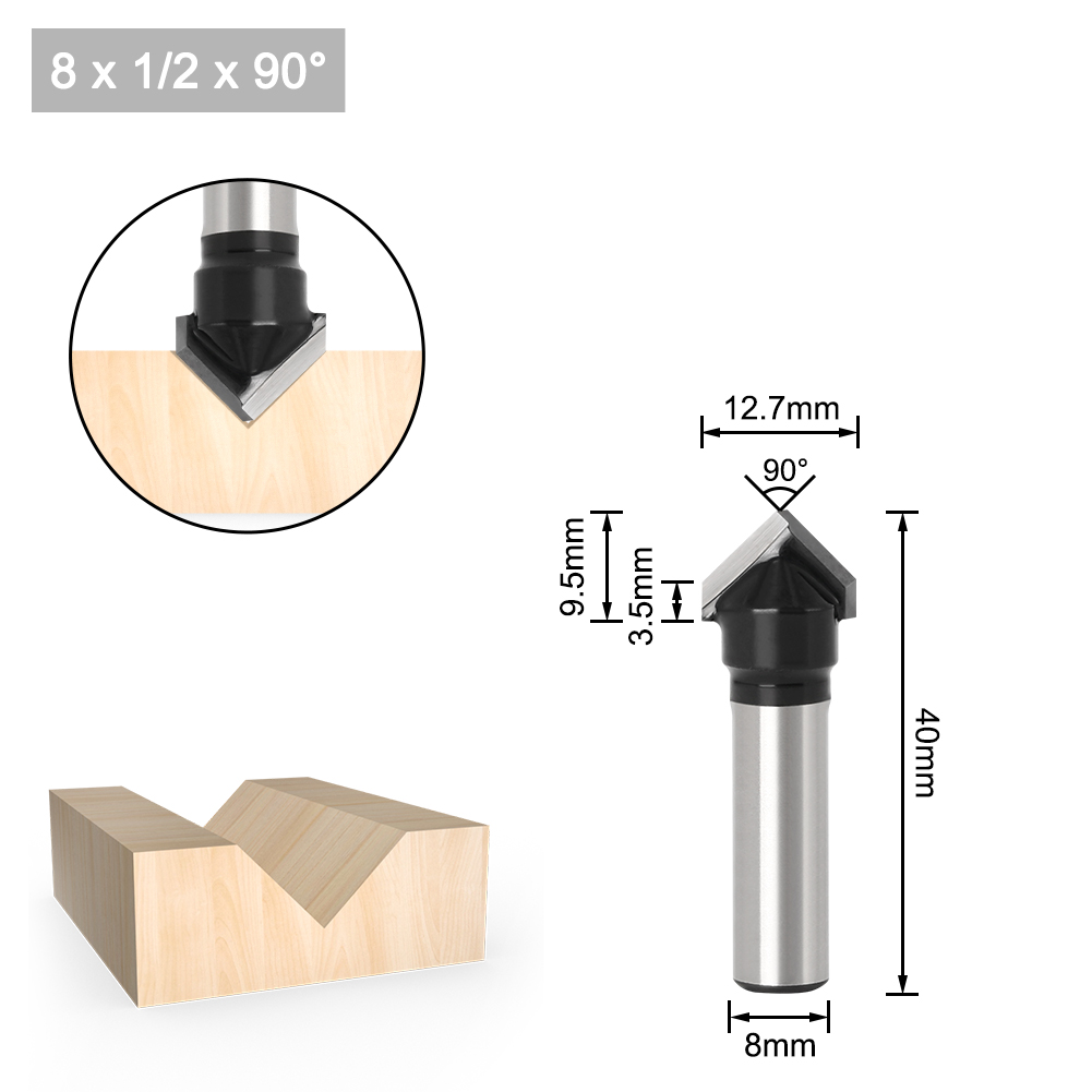 1pc 8mm Shank 90 Degree V Groove Template V-Groove V Grooving Router Bit cleaning flush trim corner round cove box bits tools: 8X12.7X90Degree