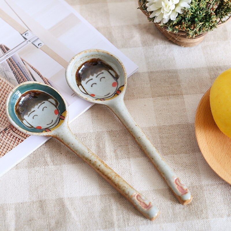 Handmade Ceramic Spoon Hand Painted Japanese Cartoon Cat Household Product Long Handle Spoon Kitchen Tableware 1 Piece: random style5