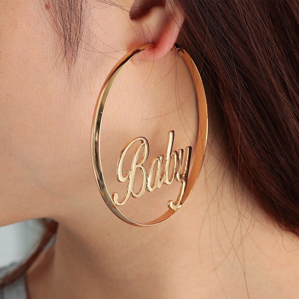 1 Pair Women Large Circle Round Hoop Earrings Hyperbole Baby Femme Letter Earrings Punk Dangle Hip-hop Jewelry