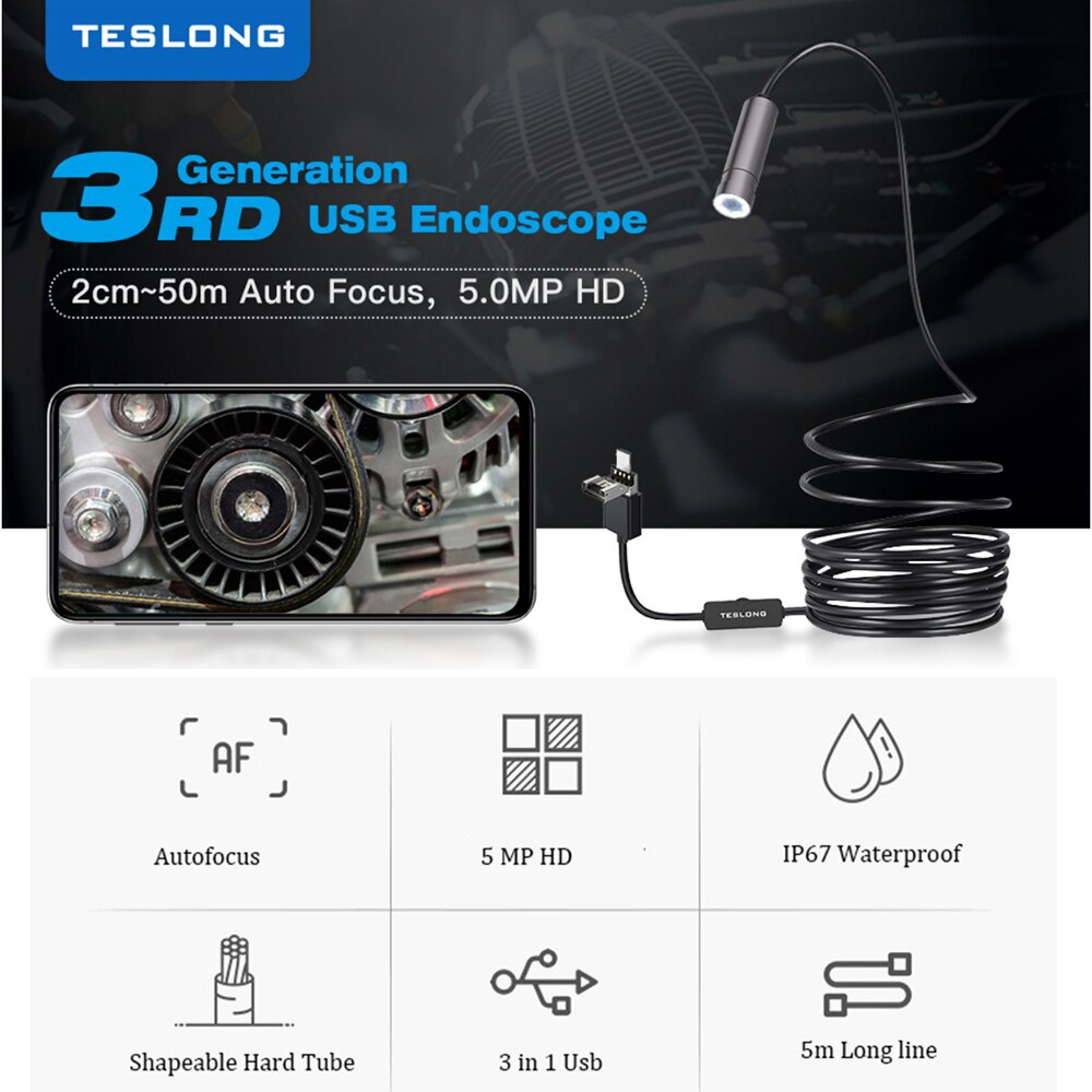 Teslong 5.0MP 3 In 1 Usb Endoscoop Camera 2594X1944P IP67 Autofocus Industriële Borescope Harde Draad Inspectie camera Autofocus