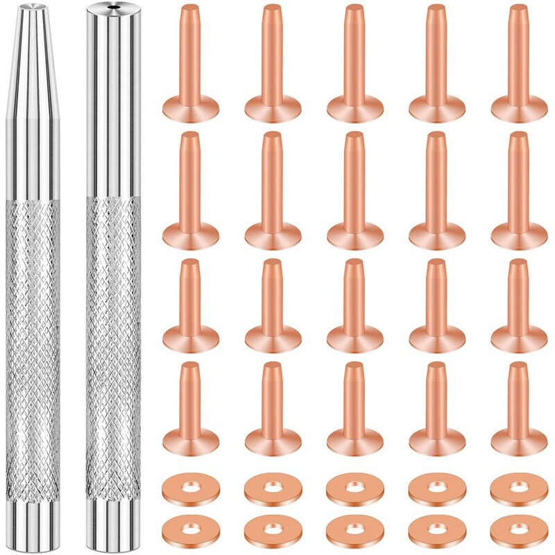 20Pack Koperen Klinknagels En Bramen (14Mm En 19Mm) met 2Pcs Punch Klinknagel Tool Voor Riemen, Tassen, Kragen, Leer-Crafting