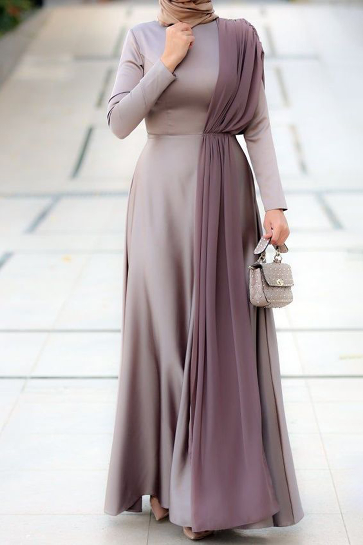 Muslim Abaya Robe Women Dresses Pleated Patchwork Long Sleeve Maxi Dress