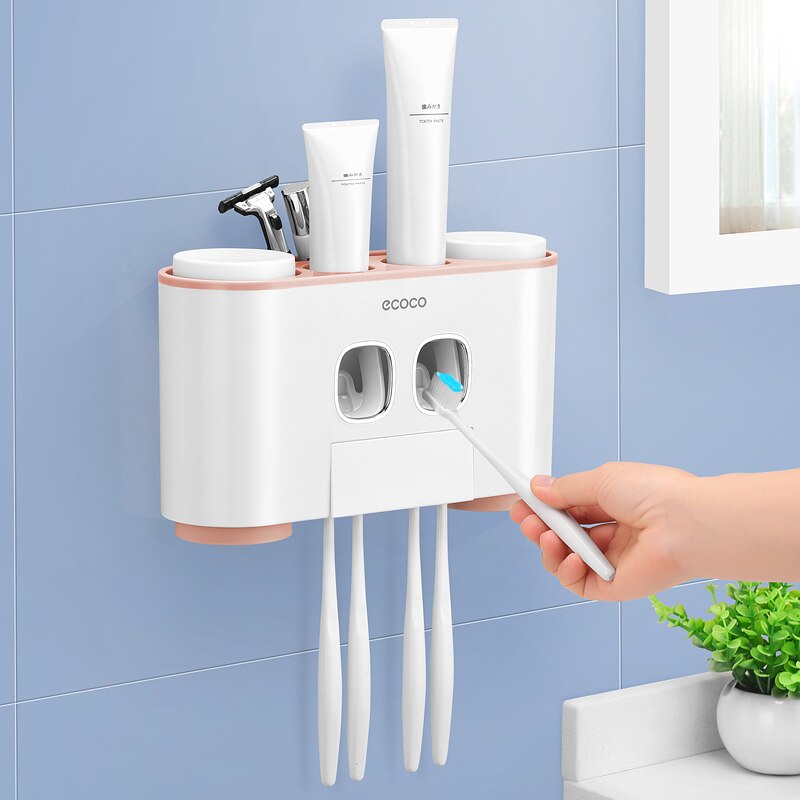 Automatisk tandpasta dispenser støvtæt tandbørsteholder med kopper ingen negle vægstand hylde badeværelse tilbehør sæt