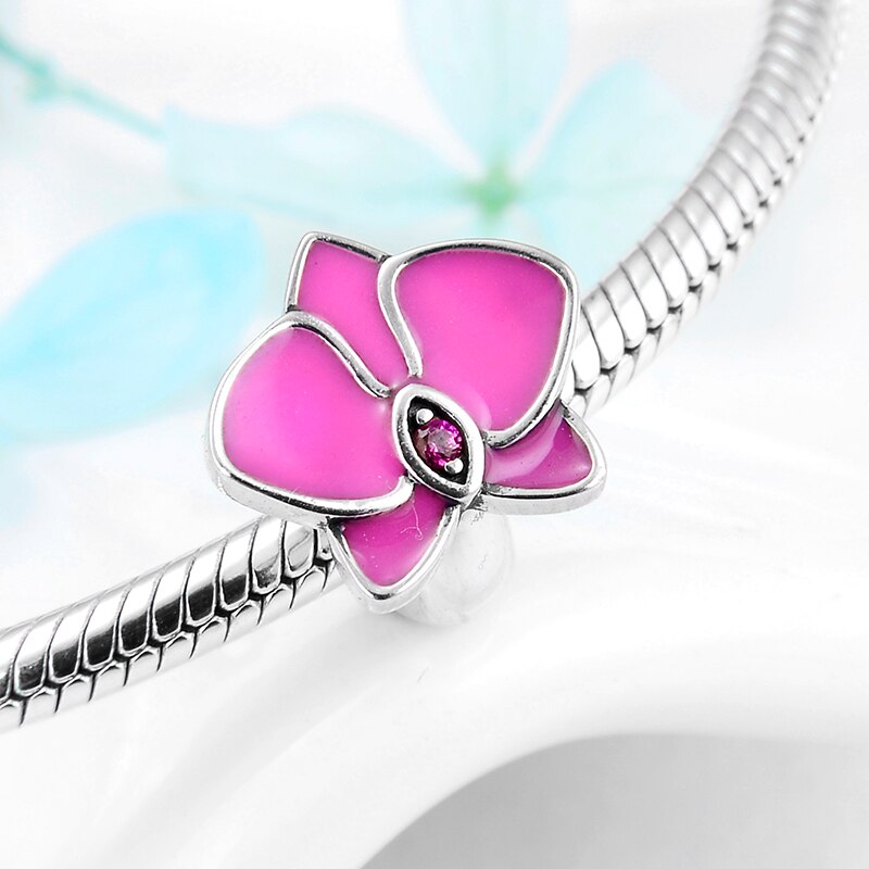 925 Sterling Silber rosa Emaille Phalaenopsis Stopper Perlen passen Original Europäischen Charme Armbänder DIY Schmuck