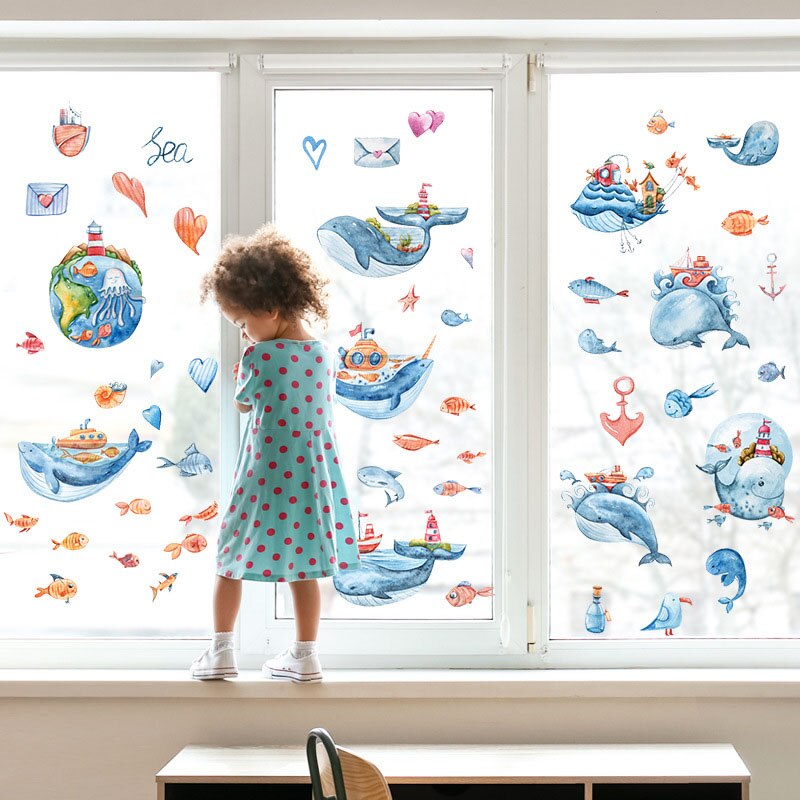 Film électrostatique de décoration de fond de fenêtre, produit mignon de dessin animé baleine, carrelage de salle de bains, porte en verre, film électrostatique